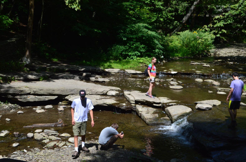 students walking in a river