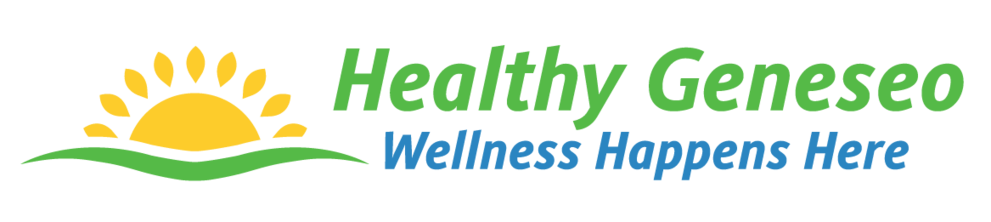 Graphic with yellow sun over green wave - text to right of graphic says "Healthy Geneseo" in green, and beneath that, "Wellness Happens Here" in blue