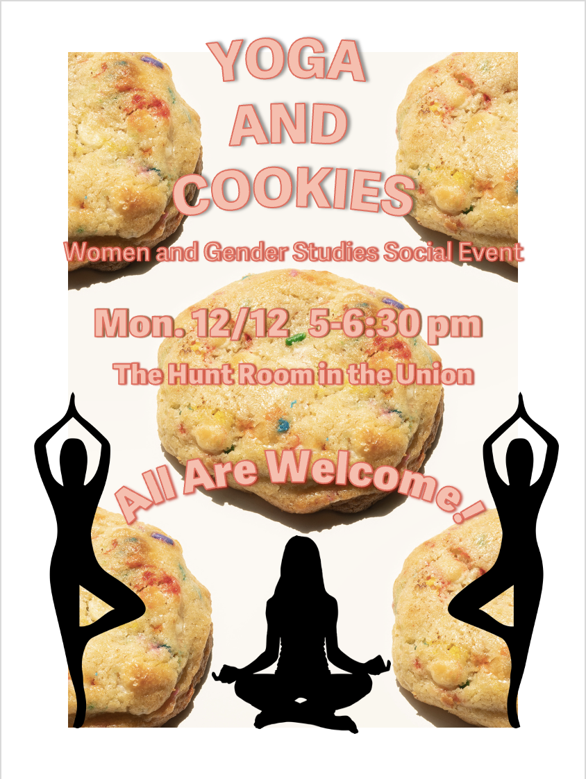 Flyer showing description of a Women's and Gender Studies Event (Yoga and Cookies Social Event on December 12, 2022)