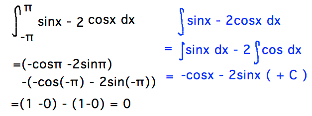 Integral from -pi to pi of sinx-2cosx = (1-0)-(1-0)