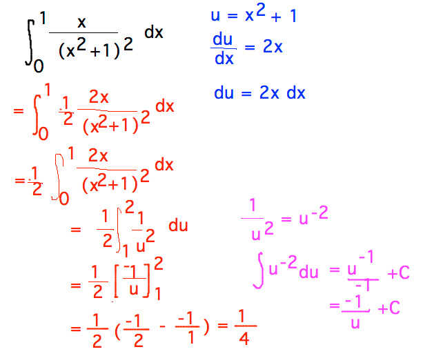 Integral from 0 to 1 x/(x^2+1)^2 dx via substitution u = x^2+1 making bounds of integration 1 and 2