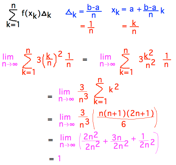 Limit as n approaches infinity of sum from k=1 to n of 3(k/n)^2 1/n = 1