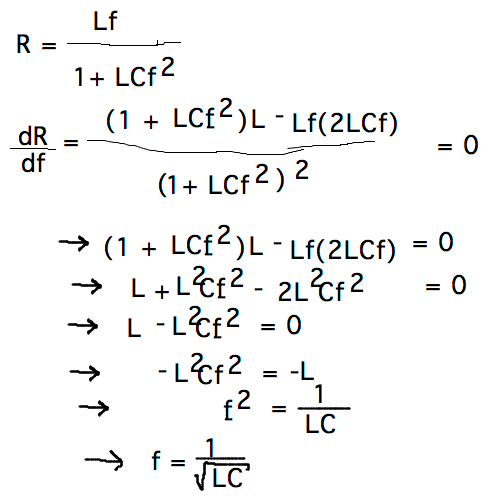 dR/df = 0 at f = 1/sqrt(LC)
