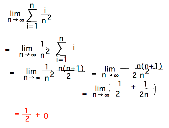 Limit as n approaches infinity of sum from 1 to n of i/(n^2) = 1/2