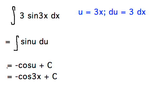 Substitute u = 3x to evaluate integral of 3sin3x as integral of sinu