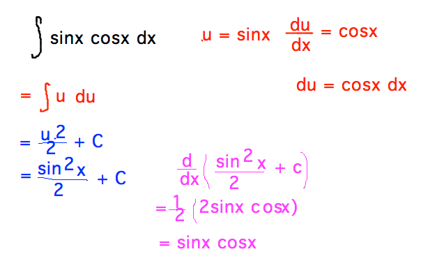 To integrate sinx cosx substitute u = sinx and integrate u