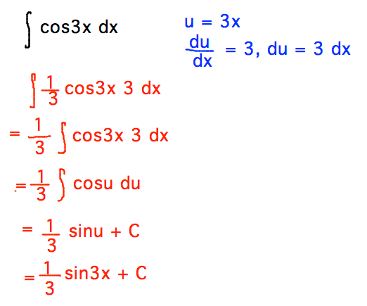Integral of cos3x = 1/3 integral of 3cos3x