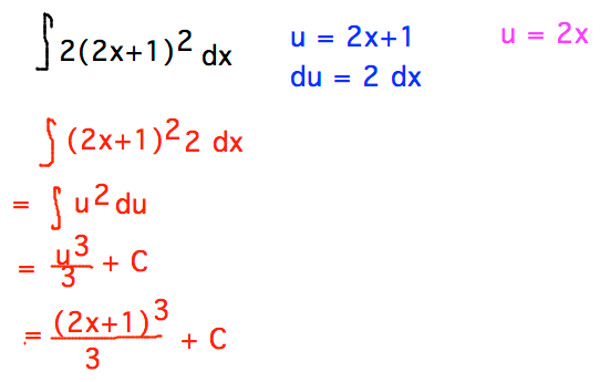 Integral of 2(2x+1)^2 = integral of u^2 du when u = 2x+1