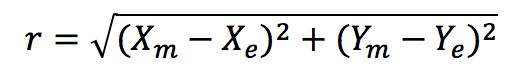 sqrt( (Xm-Xe)^2 + (Ym-Ye)^2 )