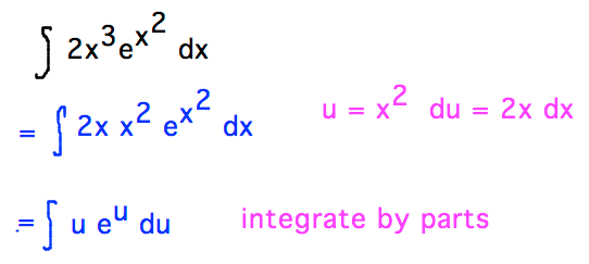 Integral 2x^3 e^(x^2) becomes integral u e^u via substitution u = x^2