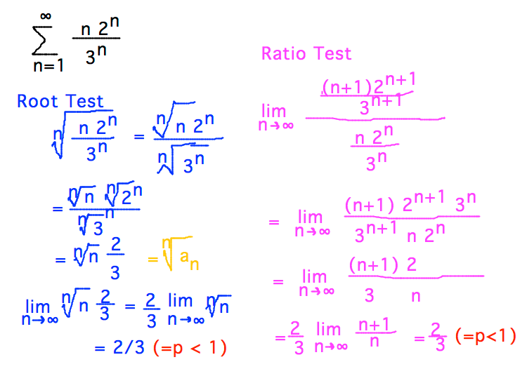 Sum n2^n / 3^n via either root or ratio tests yields p = 2/3