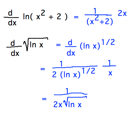 Derivative of ln(x^2+2) = 2x/(x^2+2); derivative of sqrt(lnx) = 1/(2xsqrt(lnx))