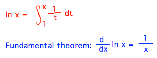 ln x = integral from 1 to x of 1/x, derivative follows from fundamental theorem