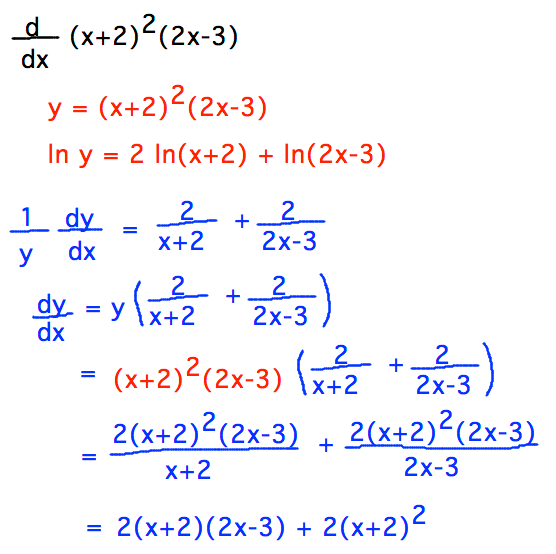 Take logarithms of both sides of equation, differentiate both sides, multiply by y to isolate dy/dx