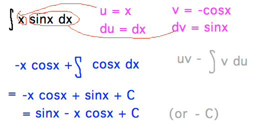 Pick u = x, dv = sinx dx, integral x sinx = -x cosx + integral cosx