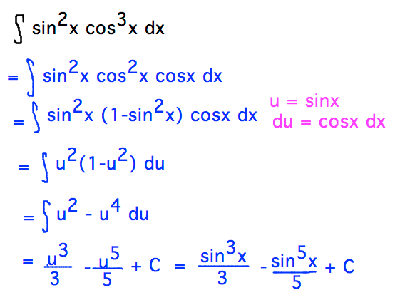 Integral sin^2x cos^3x = Integral sin^2x cos^2x cosx = (sin^3x)/3 - (sin^5x)/3 + C