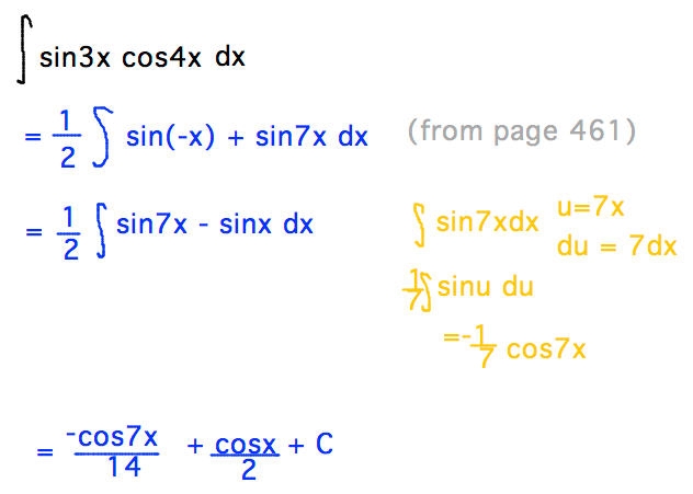 Integral sin3x cos4x = 1/2 integral sin(-1) + sin7x = (-cos7x)/14 + (cosx)/2