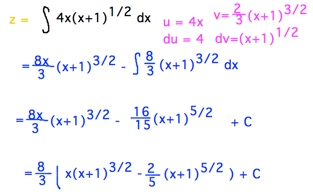 Integral 4x(x+1)^1/2 decomposes as u=4x, dv=(x+1)^1/2 to yield 8x/3 (x+1)^3/2 - 16/15 (x+1)^5/2 + C