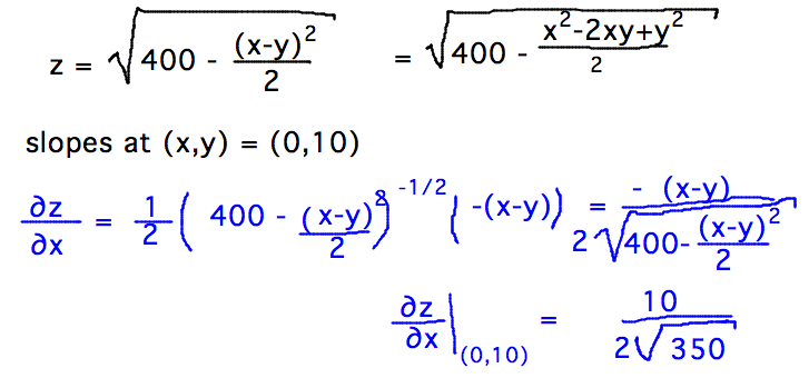 dz/dx uses chain rule twice to get -(x-y)/2sqrt(400-(x-y)^2/2)
