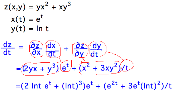 Use dz/dt = dz/dx dx/dt + dz/dy dy/dt formula