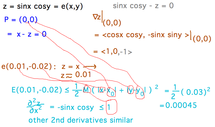 Gradient = (cosxcosy,sinxsiny,-1) = (1,0,-1) at (0,0) so plane is x-z=0; estimate z = x at (.01,-.02) w/ error based on M = 1