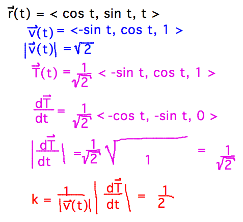 |v| = sqrt(2); dT/dt = 1/sqrt(2) (-cos(t),-sin(t),0); k = 1/2