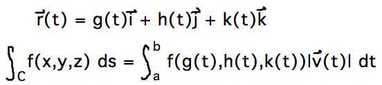 r(t) = (g(t),h(t),k(t)); integral of f over C = integral from t=a to t=b of f(g(t),h(t)k(t))|v(t)|