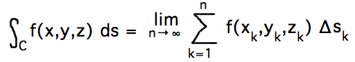 Integral of f(x,y,z) over C = limit as n approaches infinity of sum of f(x_k,y_k,z_k) times deltaS_k