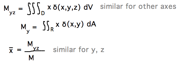 M_{yz} = integral over D of x times delta; x bar = M_{yz}/M