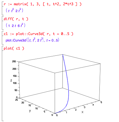 Matrix holding curve (t,t^2,2t^3); diff differentiates curve, plot::Curve3d make plot object