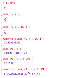 int computes either definite or indefinite integral symbolically, numeric::int computes definite integral numerically