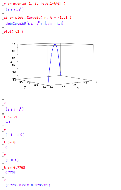 Mupad matrix and plot::Curve3d used to plot angled parabola curve