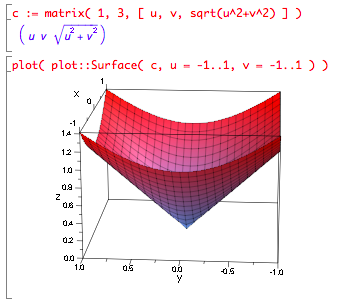c1 := matrix(1,3,[u,v,sqrt(u^2+v^2)]), plot(plot::Surface(c1,u=-1..1,v=-1..1)) draws cone