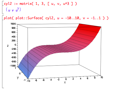 cyl2 := matrix(1,3,[u,v,u^3]), plot( plot::Surface(cyl2,u=-1..1,v=-1..1) ) draws sheet with cubic curve to it