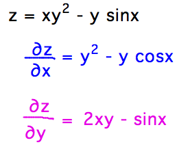dz/dx = y^2 - ycosx; dz/dy = 2xy - sinx