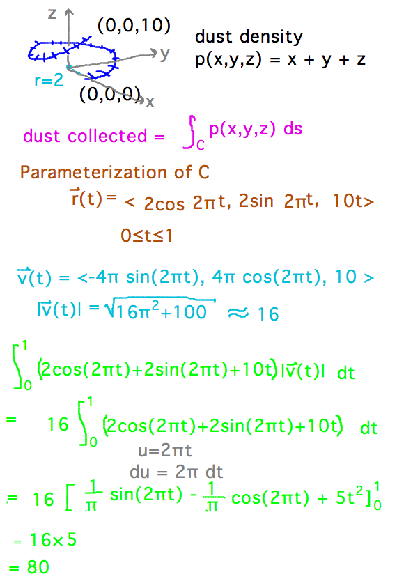C = ( 2cos(2 pi t), 2sin(2 pi t), 10t ); |v| approx = 16; collected dust = integral 16 times (2cos(2 pi t)+2sin(2 pi t)+10t) = 80