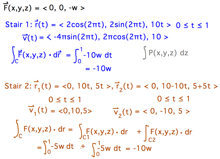 Integrals of (0,0,-w) along paths just integrate -w times z components of paths, both = -10w