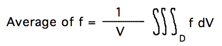 Average of f = 1/V times integral of f over D