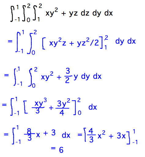 Triple integral evaluates to double integral to single to number
