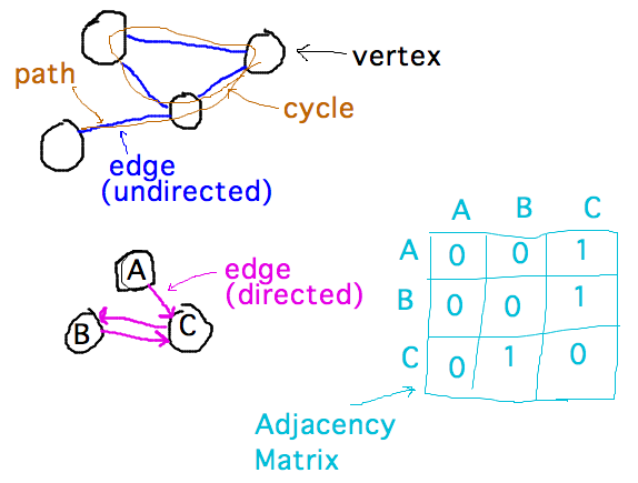 Graphs with vertices connected by possibly directed edges forming paths that may be cyclic and binary table of connections aka adjacency matrix