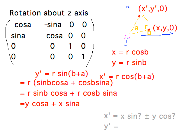 Rotation around z axis has xPrime = xcosa - ysina; yPrime = xsina + ycosa