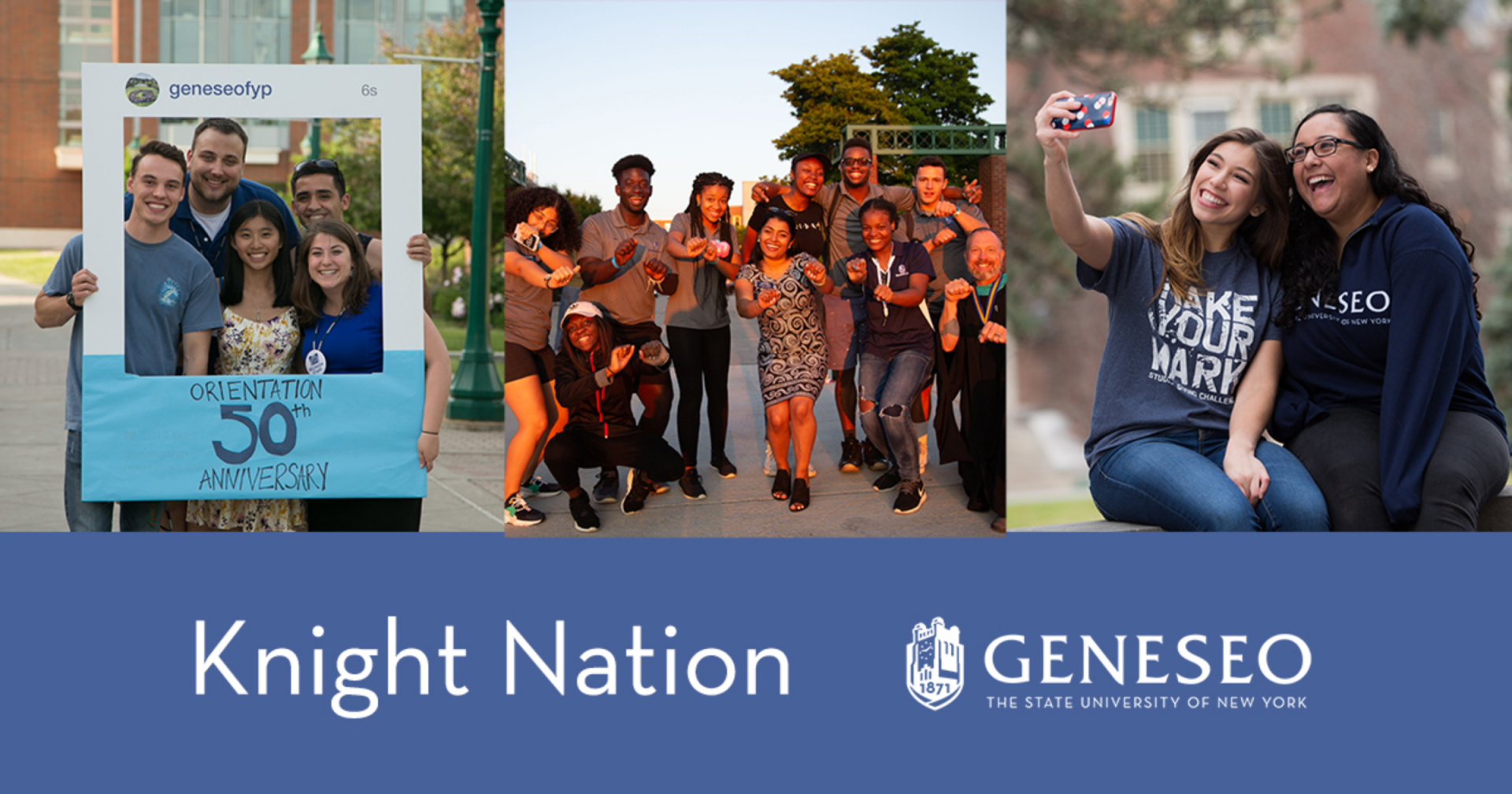 Three photos of groups of Geneseo students