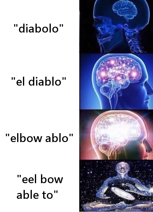 Brain meme, ranging from "diabolo" to "elbow able to", a circus diabolo meme