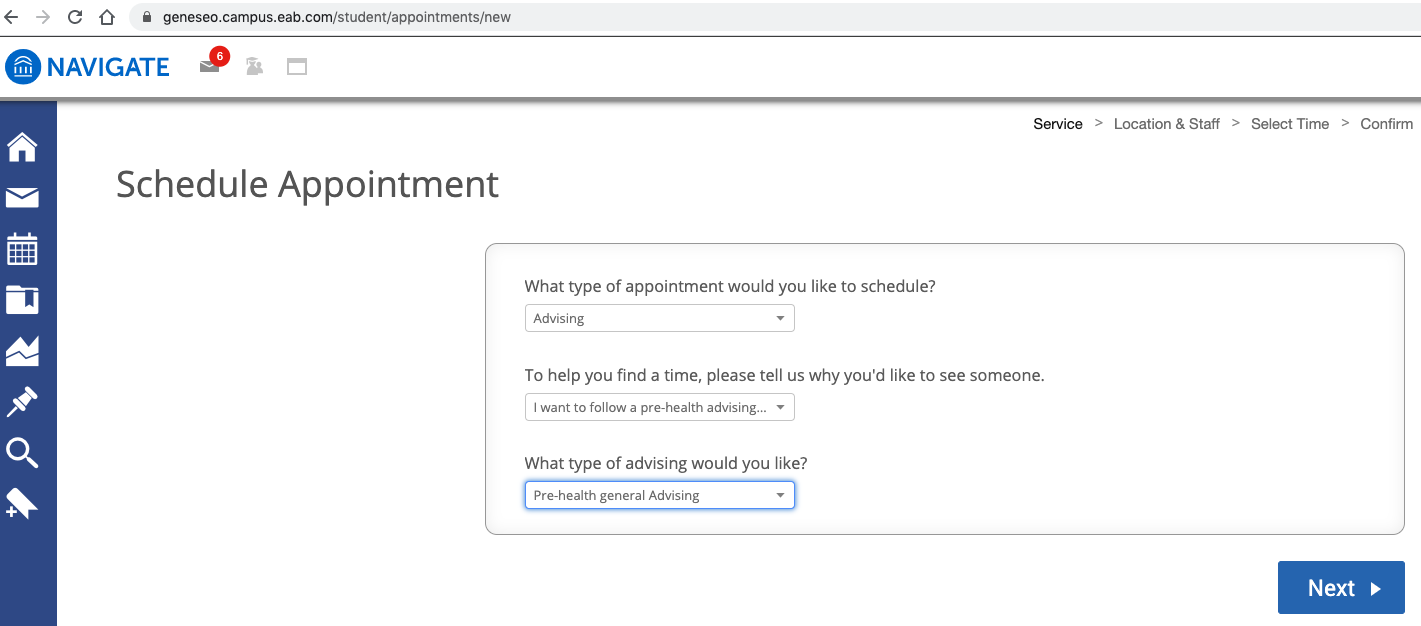 An image of EAB Navigate's appointment page for pre-health advising