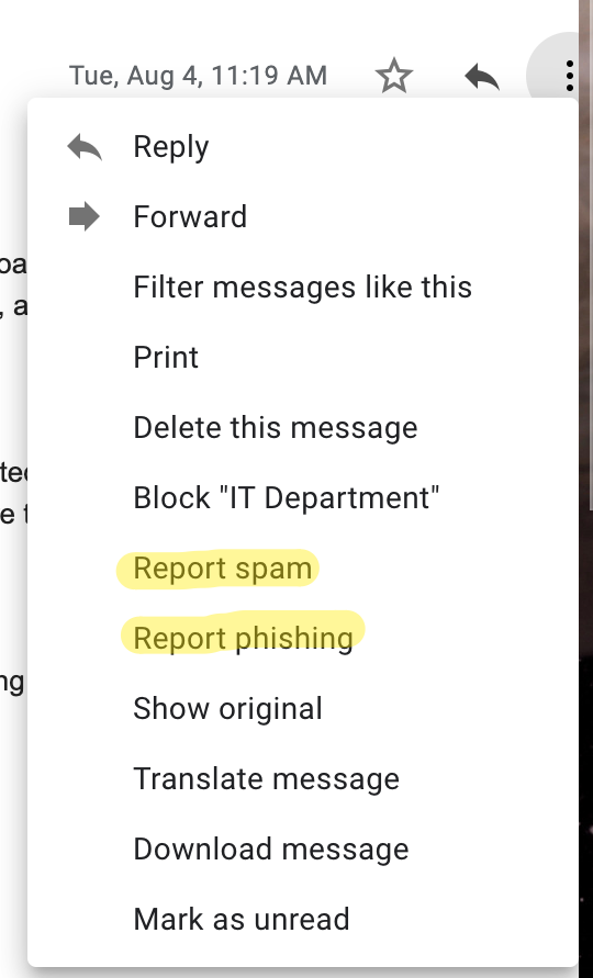 Gmail menu showing the 'report spam' and 'report phishing' items