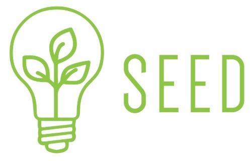 SEED logo: Lightbulb with a plant inside it, next to text reading SEED