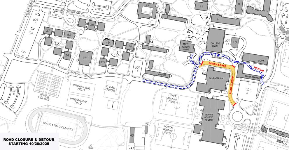 Campus map showing road closure from Lot K past Schrader Hall with marked detour route from Clark Service past the College Union starting 10/20/2025.