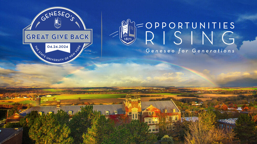 Great Give back logos over Genesee valley shot with rainbow