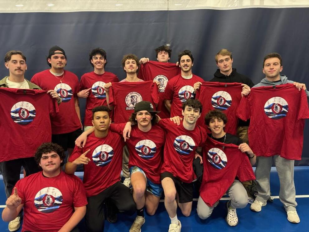 Group of dodgeball champions wearing red intramural t-shirts.