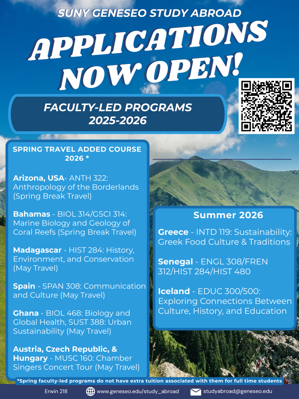 Poster for 2023–2024 faculty-led study abroad programs. Includes destinations like Germany, Dominican Republic, Japan, France, Greece, Costa Rica, and Italy, with corresponding course titles and travel dates. A QR code is shown for applications.